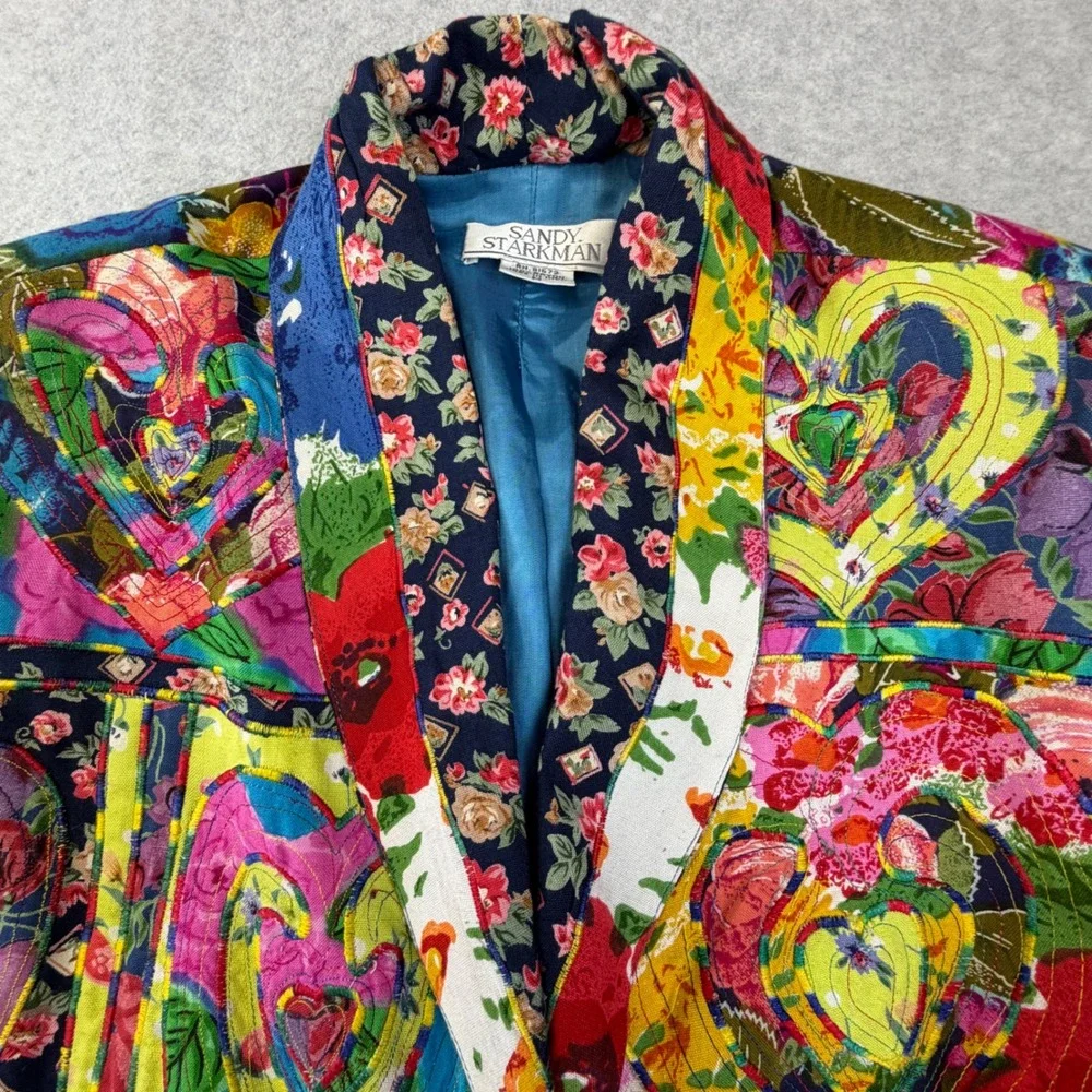 Sandy Starkman Art Jacket M Quilted Patchwork Hearts Floral Rayon Boho VTG - Picture 5 of 16